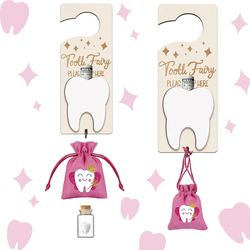 AINBIN Tooth Fairy Door Hanger, Tooth Fairy Kit Tooth Holder with Money Slot, Keepsake Bottle & Burlap Pouch for Lost Teeth, Encourage Gift for Boys Girls (Rose Red) - Image 1